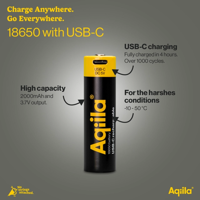 Aqiila Rechargable 18650 Battery USB-C, Lithium, 3.7V/2000mAh 