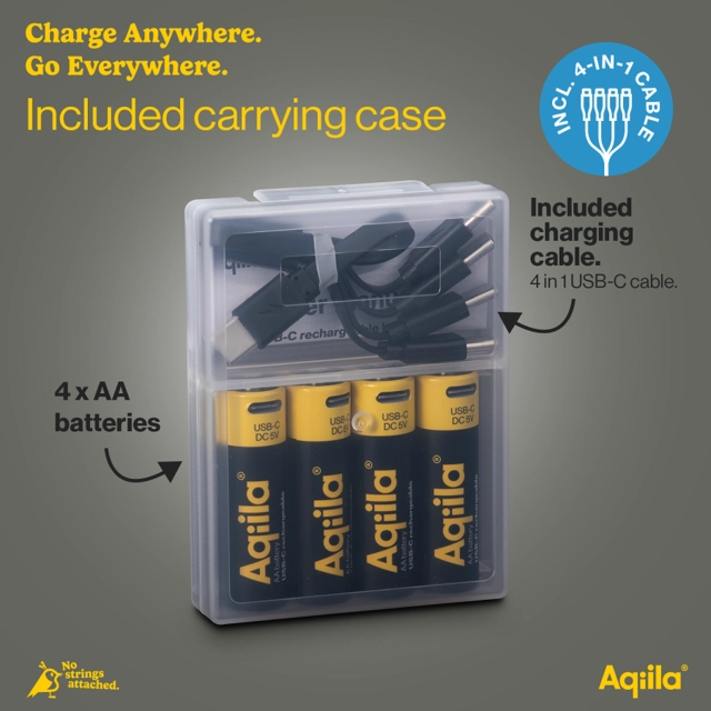 Aqiila Rechargable AA Battery, 4-pack USB-C, Lithium, 1.5V/2000mAh 