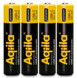 Aqiila Rechargable AAA Battery, 4-pack USB-C, Lithium, 1.5V/600mAh