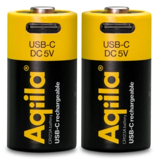 Aqiila Rechargable CR123A Battery 2-pack USB-C, Lithium, 3V/750mAh