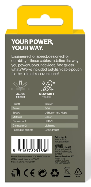 Aqiila Silicon USB-C/Lightni. 2.0 60W 1m Charging cable 