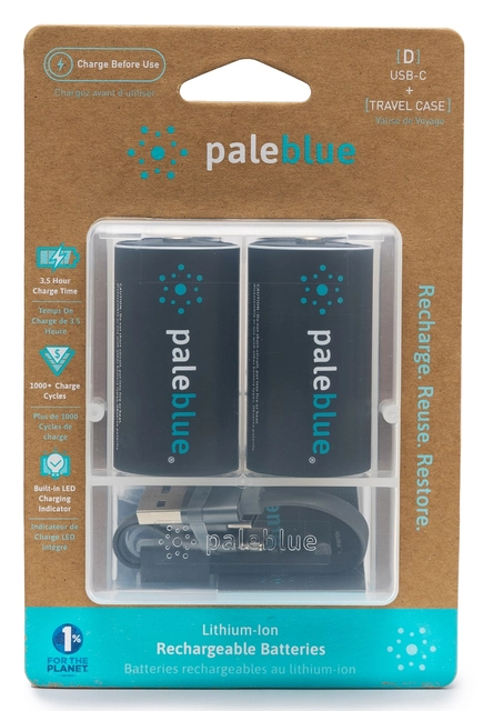 Pale Blue Li-Ion Rechargeable D Battery 2 pack of Dcells with 2x1 USB-C cable 